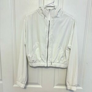 Forever 21 White Cropped Windbreaker Jacket Mesh Lined Hooded Size Small